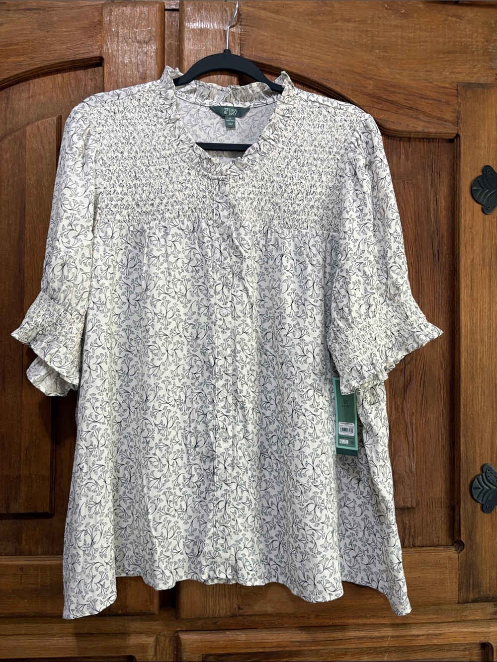 Terra & Sky Cream Blouse with Gray Floral Smocking